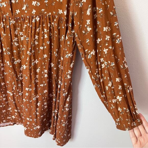 Tentree Willows Collared Tiered Long Sleeve Floral Dress Toffee Cornstalk Orange - Picture 3 of 9